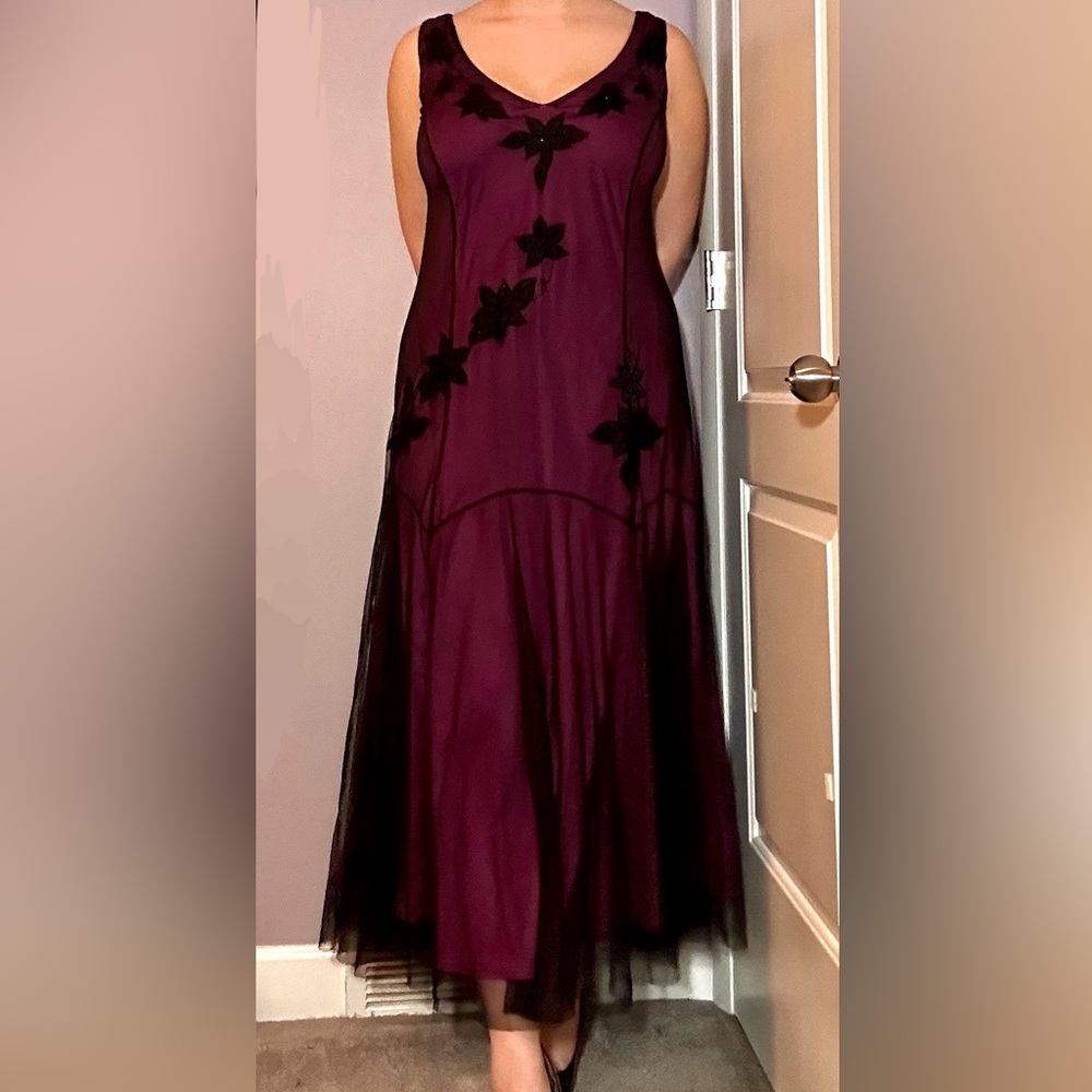 Vintage Roaman’s plus sized magenta prom dress with black beaded overlay